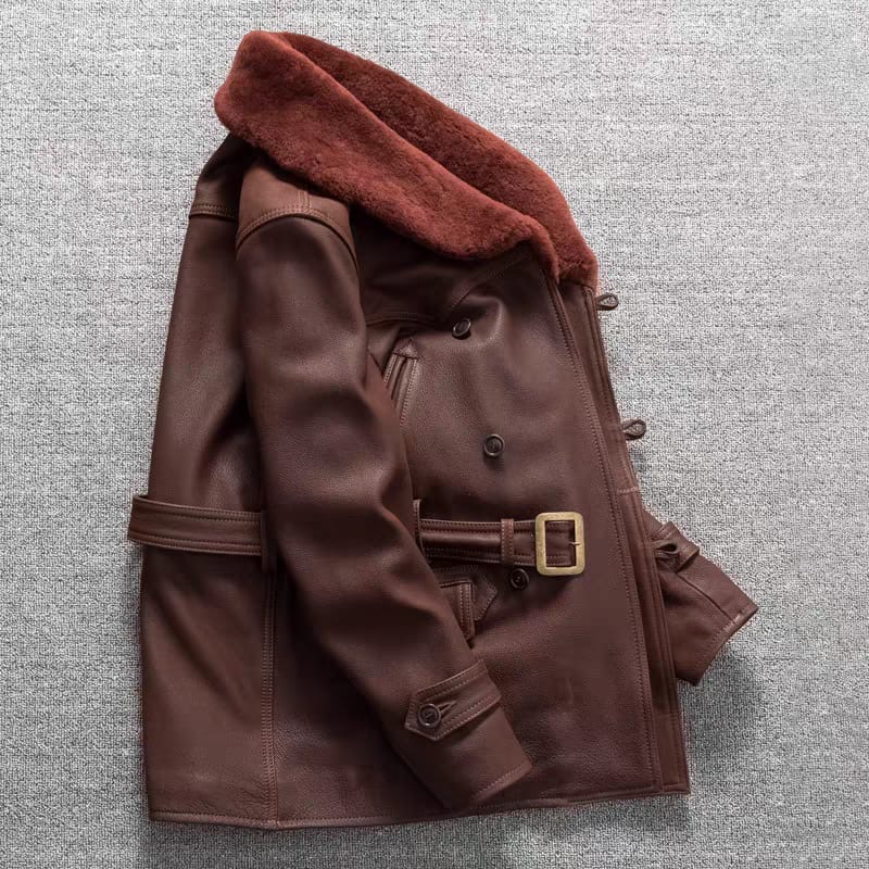 Keeza Mid Length Faux Fur Brown Leather Jacket - Image 4