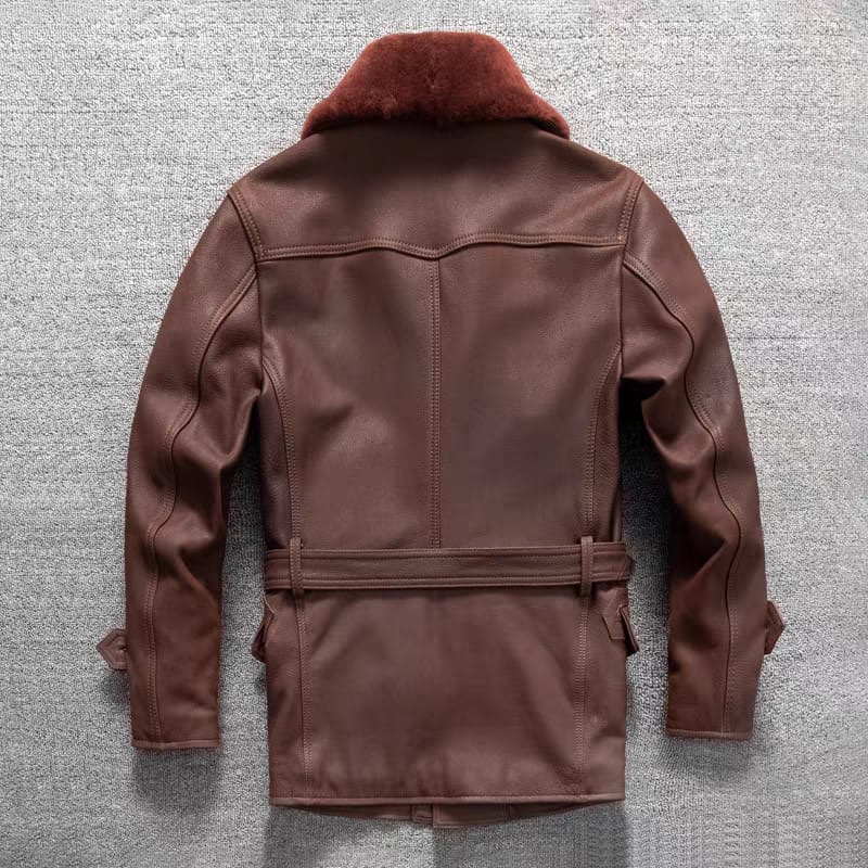 Keeza Mid Length Faux Fur Brown Leather Jacket - Image 3