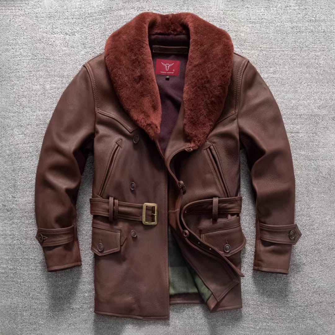 Keeza Mid Length Faux Fur Brown Leather Jacket